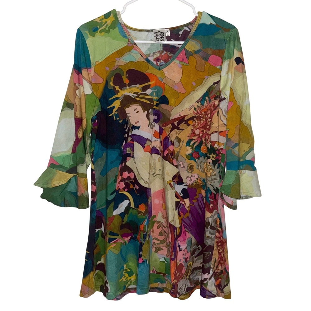 Parsley & Sage Colorful Abstract Woman Face Art Print Bell Sleeve Tunic Boho M